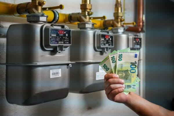 Eine Person hält mehrere Hundert-Euro-Banknoten in der Hand vor Gaszählern.